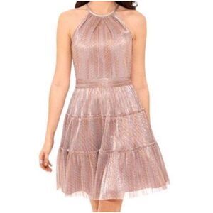 NEW Xscape Womens 4 Pink Metallic Tiered‎ Party Mini Dress prom formal